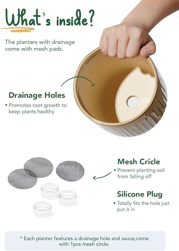 LE TAUCI Fluted Ceramic Pots for Plants, 8.3/7/6 Inch Indoor Planters with Drainage Holes & Mesh, Modern Glossy Glaze Cylinder Plant Pot for Snake Plant, Set of 3, Sand Beige