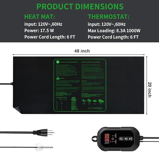 48"x20" Seedling Heat Mat with Digital Thermostat Combo Set,ETL Certified and Durable Waterproof Warm Hydroponic Heat Mat for Germination,Indoor Gardening,Brewing and Greenhouses