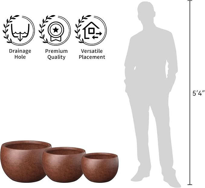 Kante 15.7" Dia Round Concrete Planter, Outdoor/Indoor Large Bowl Plant Pots with Drainage Hole and Rubber Plug for Garden Patio Balcony Home, Rusty