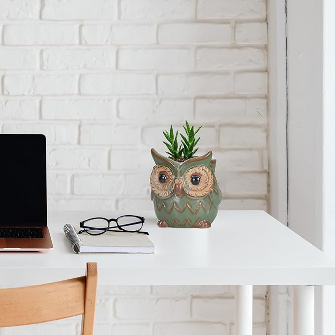 DIYOMR Small Ceramic Planter Pot, 4.3" Vintage Bronze Animal Planters Ceramic Flowerpot Succulent Pots Cactus Pot (Owl)