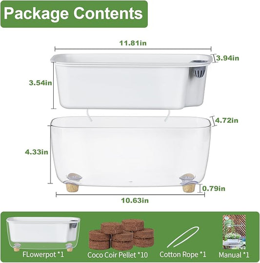 Self Watering Planter with Coco Coir Pellets, 11.8 Inch Plastic Rectangular Windowsill Plant Pot with Drainage Holes, High Clear Modern Decorative Flower Pot for Indoor Plants, African Violets