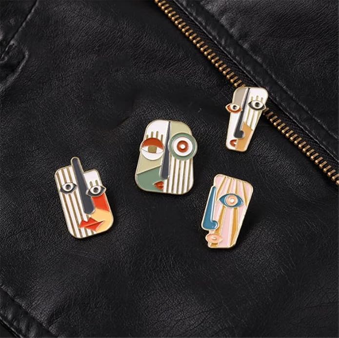 4Pcs Art Mask Enamel Pin Brooch Individual Metal Badge Lapel Pin Abstract Face Mask Pin Set Collar Pin Fashion Jewelry Clothes Bag Accessories