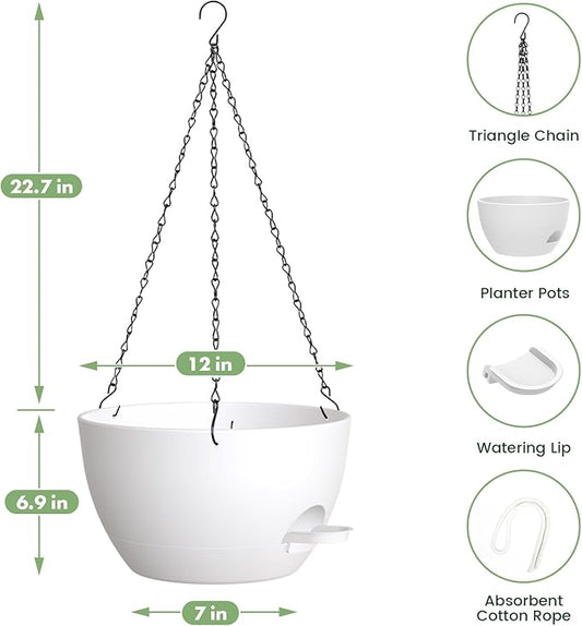 2 Pack 12 Hanging Flower Pots with Chains - Self Watering Plastic Planters for Indoor & Outdoor Plants, Sturdy Triangular Iron Chain Design for Garden PorchPlastic Hanging Flower pots (White)