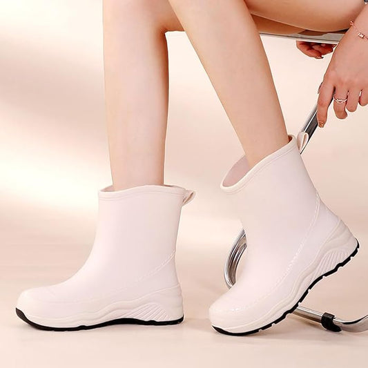 Women'S Chunky Platform Rain Ankle Boot Fashion Comfort Round Toe Waterproof Anti-Slip Thick Sole Pull On Garden Chelsea Rain Boots for Outdoor Work Booties