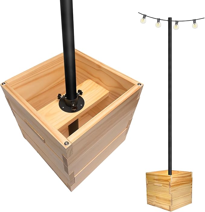 Large Decorative Wooden Planter w/ Universal Pole Support for String Light Poles, Umbrellas, Bird Feeders. Solid Wood Outdoor Garden Patio Box For Plants(Does not include Pole), 14"x14"x14", Natural