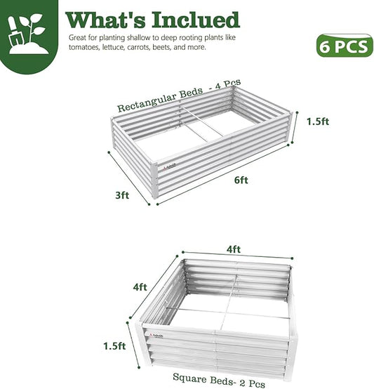 A ANLEOLIFE 6-Piece 18 Inch Tall Antique White Raised Garden Beds Kit, Rectangular & Square Planters for Organized Backyard Gardens