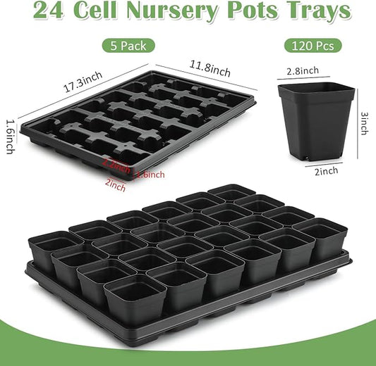 5 Pack 24 Cell Nursery Pots Trays with 3 inch Square Nursery Pots 120pcs (Black), Plastic Seed Starter Tray with Drain Holes for Carrying and Holding Plant Pot(17"x11"x1.6")