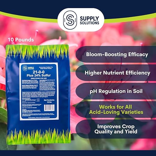 Supply Solutions 21-0-0-24S Ammonium Sulfate for Deep Green Plants - Soil Acidifier for Blueberry Blooms, Azalea and Magnolia Tree Fertilizer - Sulfur for Plants Nitrogen Fertilizer (10 Pounds)