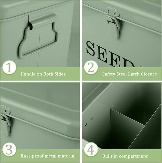 3 Dividers Seed Storage Box, Metal Seed Box Seed Storage Organizer with Safety Lock, Portable Garden Seed Bin, Professional All-in-one Kit, Green