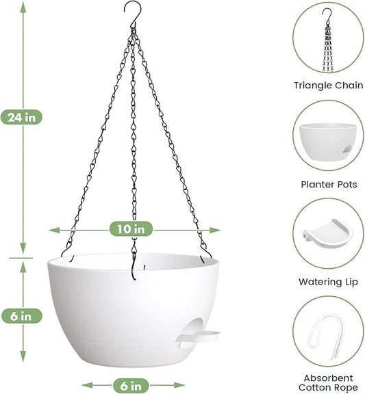 3 Pack 10 Hanging Flower Pots with Chains Self Watering Plastic Planters for Indoor Outdoor Plants, Sturdy Triangular Iron Chain Design for Garden PorchPlastic Hanging Flower pots (3, White)