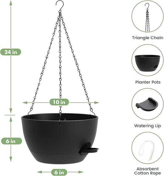 3 Pack 10 Hanging Flower Pots with Chains Self Watering Plastic Planters for Indoor Outdoor Plants, Sturdy Triangular Iron Chain Design for Garden PorchPlastic Hanging Flower pots (3, Black)