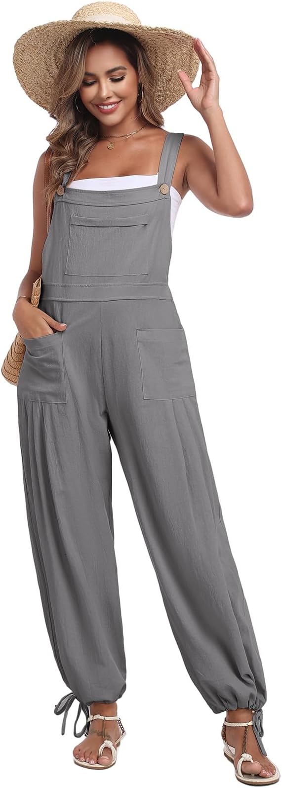 ALSOGO Womens Wide Leg Overalls Loose Beach Vacation Outfits Jumpsuits 2025 Causal Sleeveless Rompers with Pockets