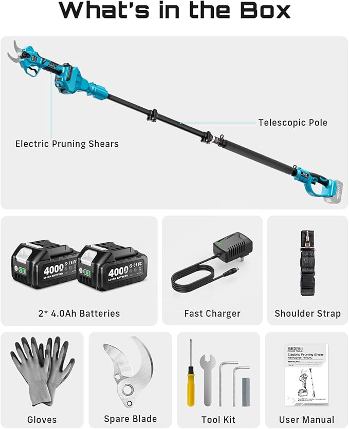 SEESII 2-in-1 Pole Pruning Shears: 1.6" Cutting Diameter Cordless Electric Pole Pruners - Brushless Motor, Dual 4.0Ah Batteries, Extra SK5 Blade, 4 Modes Adjustable Branches Cutter for Tree & Flower