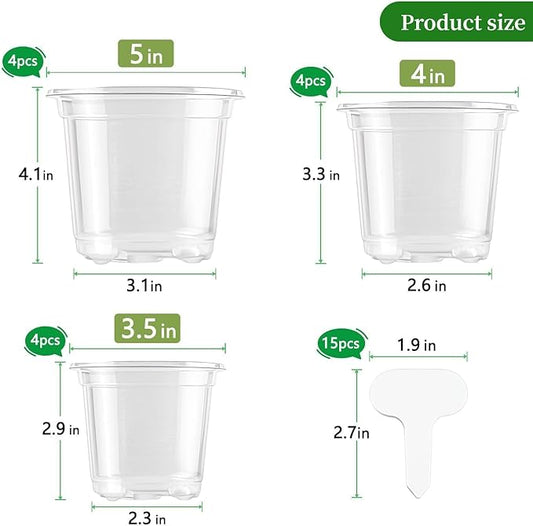 SupKing Clear Nursery Pots 5/4/3.5 Inch Plastic Seed Starter Plant Flower Pot with Drainage Holes for Transplanting Succulents Cuttings Seedlings 15 Labels (12Pcs)
