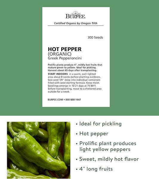 Burpee Organic Pepperoncini Greek Hot Pepper Seeds | 300 Non-GMO for Planting Home Garden| Mildly Hot Light Yellow Peppers