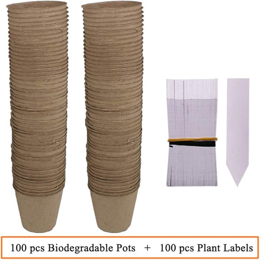 100 Pack 3.15" Round Biodegradable Peat Pots Plant Seedling Saplings & Herb Seed Starters Kit with 100 Pcs White Plastic Plant Labels
