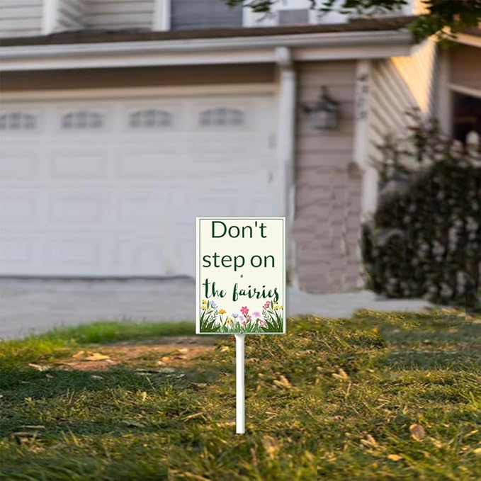 Garden Sign With Stake Don't Step On The Fairies Aluminium Sign 8X12 Inch Wildflower Sign Retro Yard Metal Signs Lawn Grass Outdoor Aluminium Wall Decor And 12.8" Stake Kit