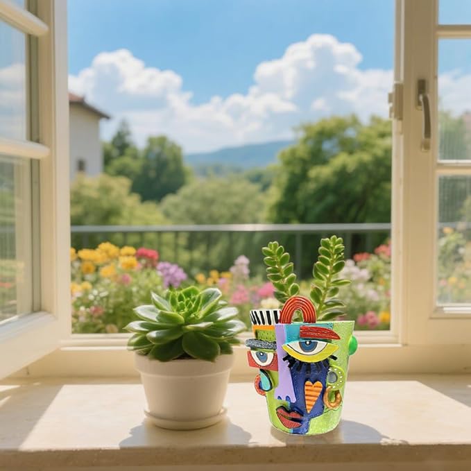 Abstract Art Planter with Drain Hole & Stand - 5.2 Inch Hand-Painted Resin Pot, Vibrant Mini Decor for Succulents, Apartments, Desk & Gifts(Green, Small)