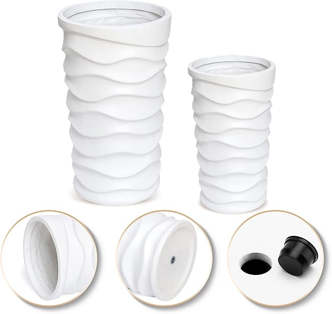 LuxenHome Tall Planters for Outdoor Plants, Set of 2 Indoor Outdoor Garden Plant Pots with Drainage Hole and Rubber Plug, Modern White Waves Flower Pot Concrete Planters for Home Garden Patio Porch