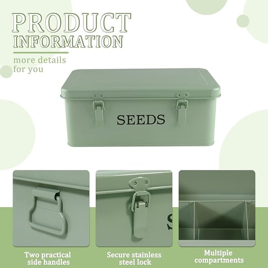 Seed Storage Organizer, 4 Compartment Seed Storage Box with Safety Lock, Metal Seed Box Seed Packet Container with 1 Pen, 12 Slots, 20 Plant Labels & 30 Seed Envelopes, Green Gardening Gift