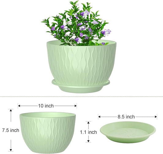 10 inch Large Plant Pots, Flower Pots with Multi-Mesh Drainage Holes and Saucer, Plastic Planters for Indoor and Outdoor Garden Plants (Green, 10")