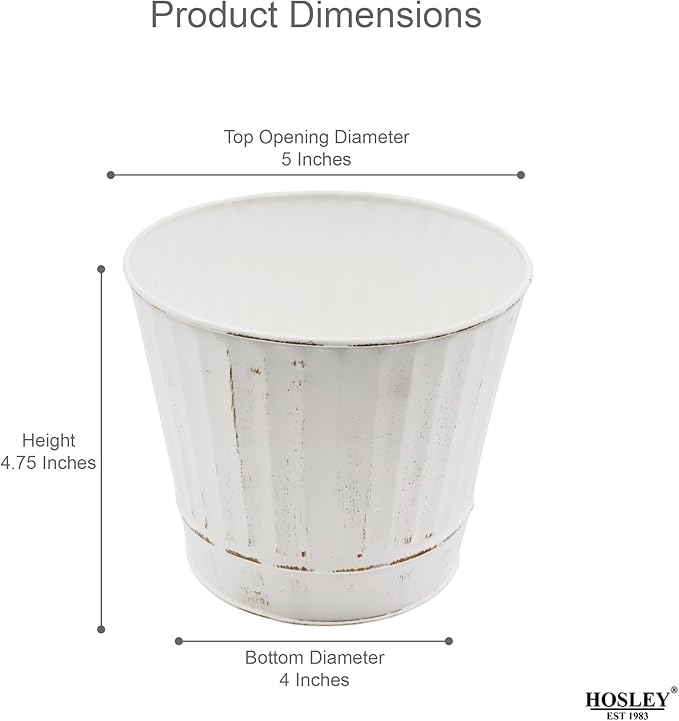 Hosley Pack of 2 White Wash Metal Planters, 5" Diameter x 4.8" High Rustic Farmhouse Buckets for Floral Arrangements, Weddings, Parties, Events & Home Décor