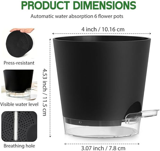 Self Watering Pots for Plants, 2026 New Flower Plant Pots with Drainage Holes, Wicking and Clear Reservoirs for Succulent, Aloe, Cacti and Others - 6 Pack (Black, 4")