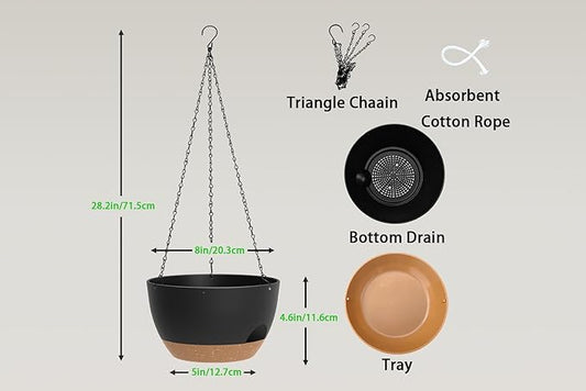 Hanging Planters 3-Pack, 8 Inch Self-Watering Hanging Pots with Drainage Hole and Chains, Plastic Planters for Indoor Outdoor(Black Brown)