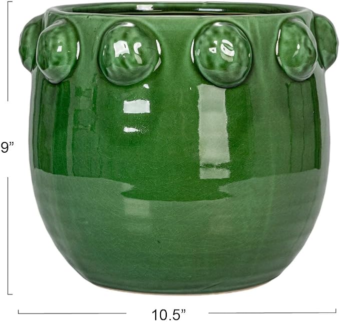 Creative Co-Op Round Terra-Cotta Planter with Raised Dots Design, Green