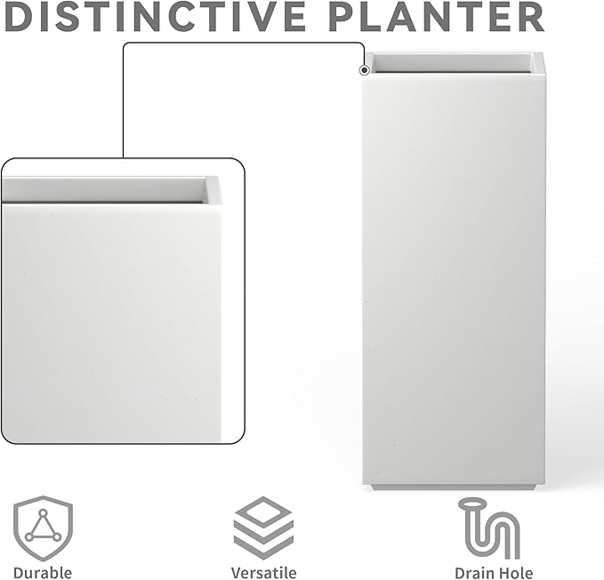 Kante 20.3" H Tall Rectangular Concrete Planter, Modern Square Diameter Plant Pot with Drainage Hole and Rubber Plug for Indoor Outdoor Home Patio Garden, Pure White
