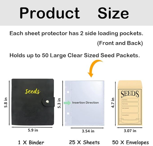 Seed Storage Organizer Binder, PU Seed Packet Organizer with 50 Clear Pockets(25 Pack Sheet Sleeves) and 50 Pack Seed Envelopes, Garden Seed Holder Book, Pink Flower Plant Seed Keeper