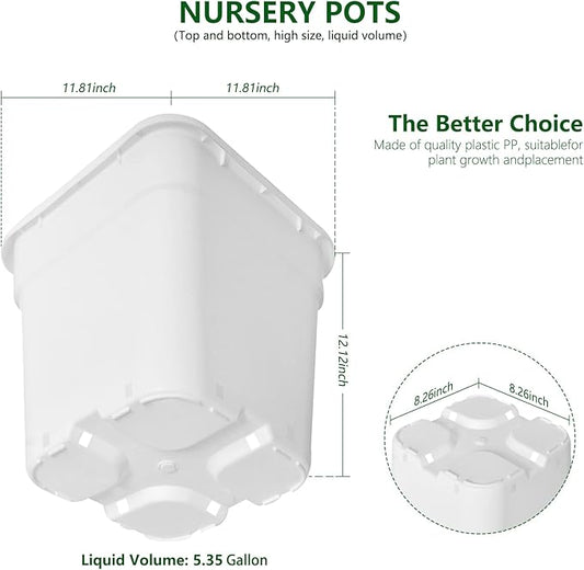 10-Pack 5 Gallon Square Planter Nursery Pots, Flower Plant Container Injection Molded Plastic Nursery Pot Gardening Pots for Indoor Outdoor Vegetables, Succulents, White