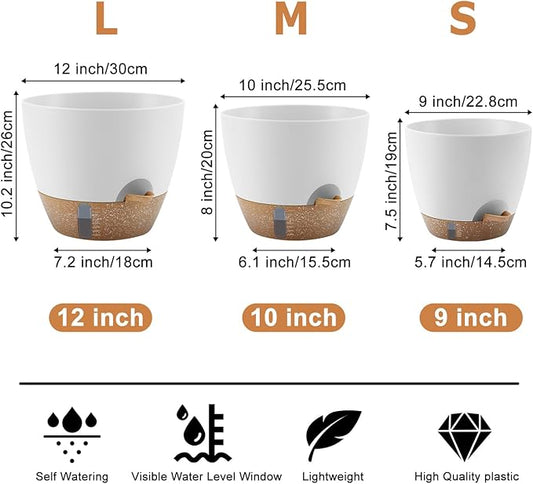 Self-Watering Plant Pots with Water Level Indicator, Drainage Holes & Saucers – 12/10/9 Inch Large Plastic Planter Set for Indoor & Outdoor Plants (White)