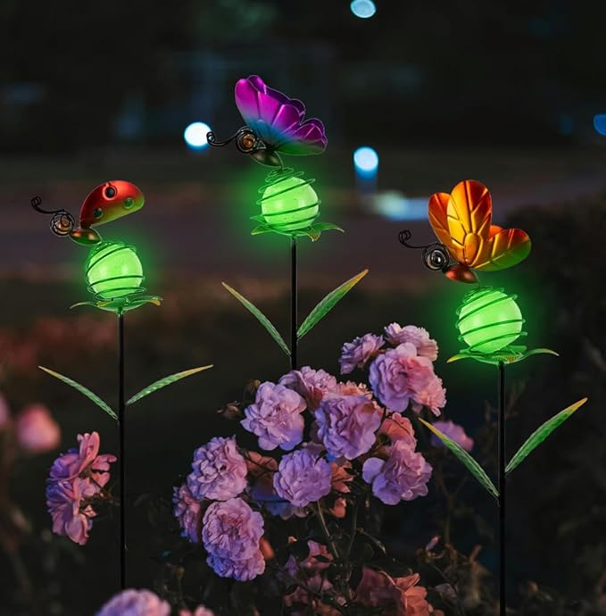 Stargarden Decorative Garden Stakes, 3 Pack Colorful Metal Garden Stakes, Luminous Butterfly Insect Metal Yard Art, Waterproof Garden Decor for Indoor, Outdoor