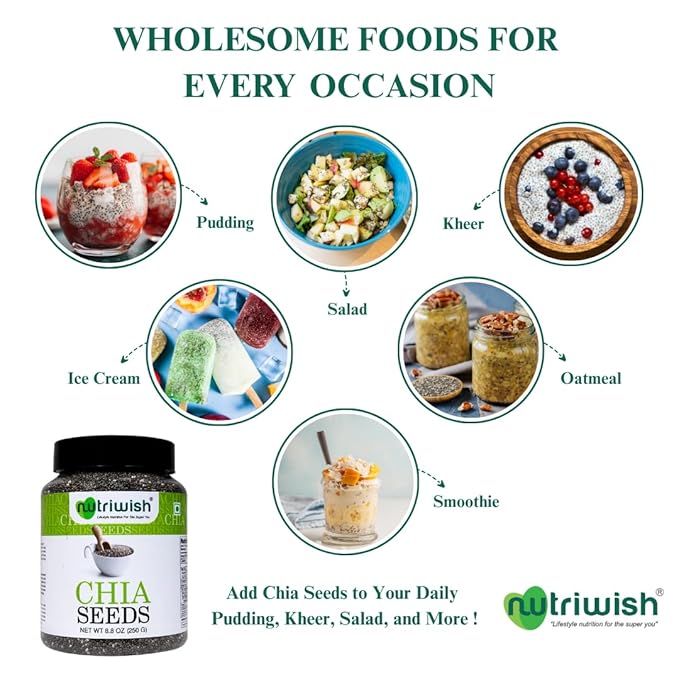 Nutriwish Raw Chia Seeds 250 g (8.8 oz) | Omega-3 Rich Superfood with Fibre, Antioxidants & Plant Protein | For Smoothies, Puddings, Baking & Healthy Vegan & Keto Diets