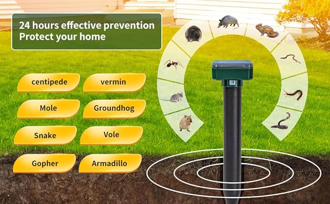 8 green UPGRADE Mole Repellent for lawns Gopher Repellent Ultrasonic Solar Powered Snake Repellent Deterrent Mole Repeller Vole Repellent Outdoor Lawns Garden Yard All Pests Sonic Spikes Stakes Chaser
