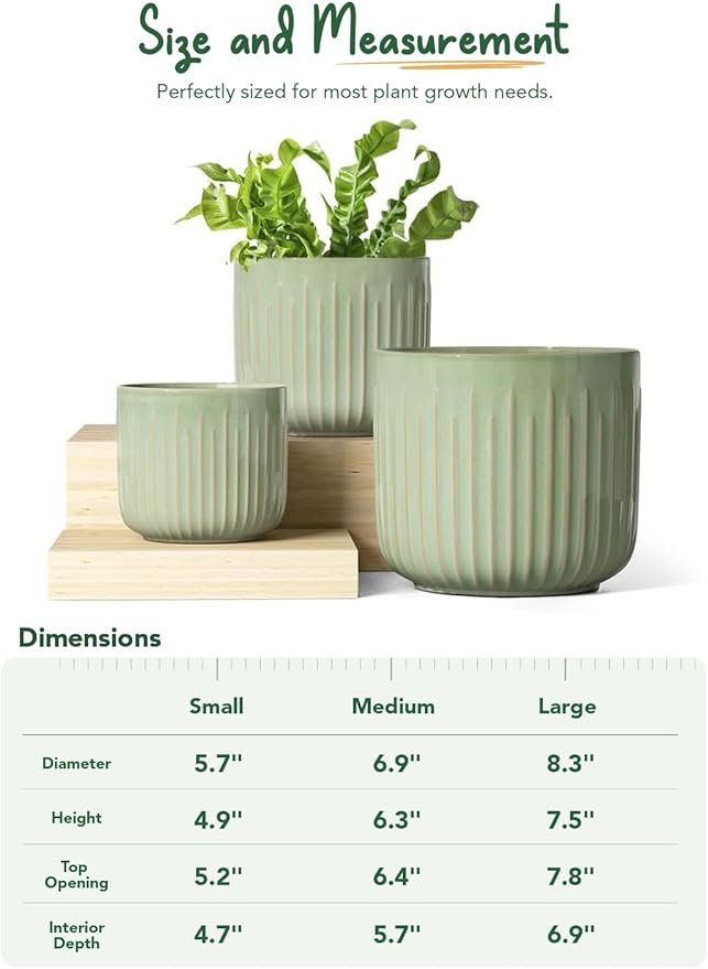 LE TAUCI Fluted Ceramic Pots for Plants, 8.3/7/6 Inch Indoor Planters with Drainage Holes & Mesh, Modern Glossy Glaze Cylinder Plant Pot for Snake Plant, Set of 3, Sage Green