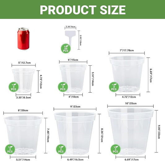 GREANER Clear Plastic Plant Pots, Orchid Pots with Holes and 20 Pcs Plant Labels, 5/6/7/8/9/10 Inch(Pack of 15)