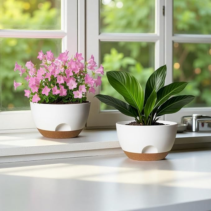 12 Inch Large Self Watering Pots, 2 Pack Plant Pots with Drainage Holes and Saucers, Self Watering Planter for Indoor Outdoor Garden Plants and Flowers (White)