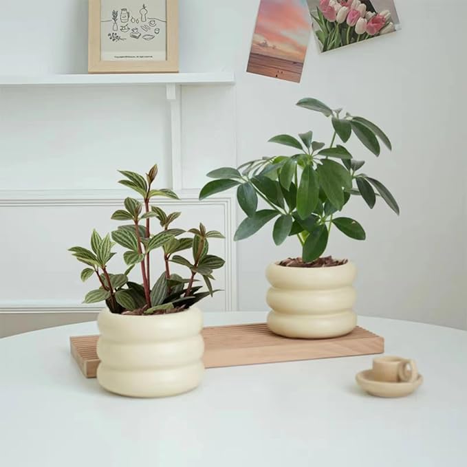 Ceramic Plant Pot Indoor, 4.5 Inch Flower Pot with Drainage Hole, Small Bubble Design Ceramic Planter for Home & Office Decor (Beige)