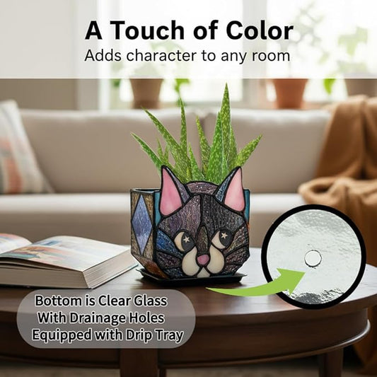 Star Black Cat Decorative Flower Pot, Handcrafted Ceramic Planter with Star Eyes, Modern Home Garden Decor