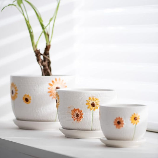 Ton Sin Plant Pots,Set of 3 Ceramic Sunflower Flower Pots for Indoor Plants,4+5+6 inch Pots with Drainage Hole Saucer,Garden Pots Catus Planters
