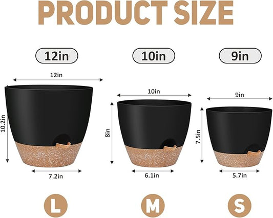 12" 10" 9" Large Self Watering Plant Pots, 3 Pack Flower Pots Planters with Multi Mesh Drainage Holes for Indoor Outdoor Garden Plants and Flowers (Black)