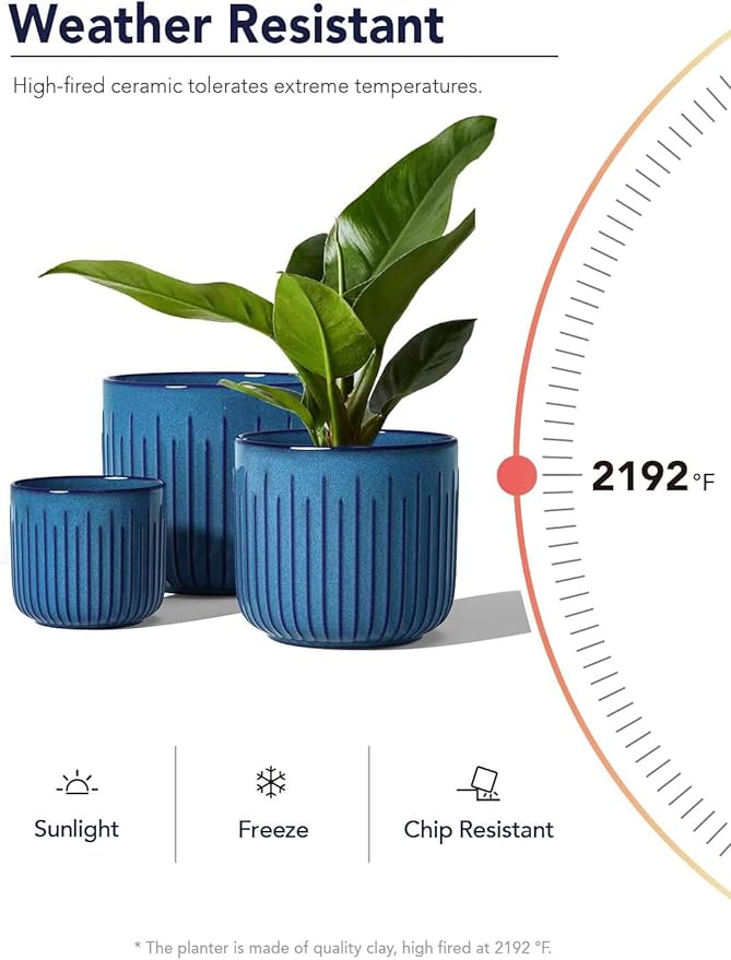 LE TAUCI Fluted Ceramic Plant Pots, 8.3/7/6 Inch Indoor Planters with Drainage Holes & Mesh, Modern Glossy Glaze Cylinder Flower Pot for Snake Plant, Set of 3, Harbor Blue