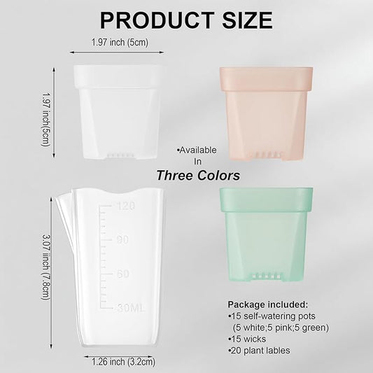 15 Pack 2 inch small self watering pots for indoor plants,semi hydroponic pots for leca and pon,clear plastic plant pot for propagation,seedling,cutting and African violet (muti-color, 2 inch)