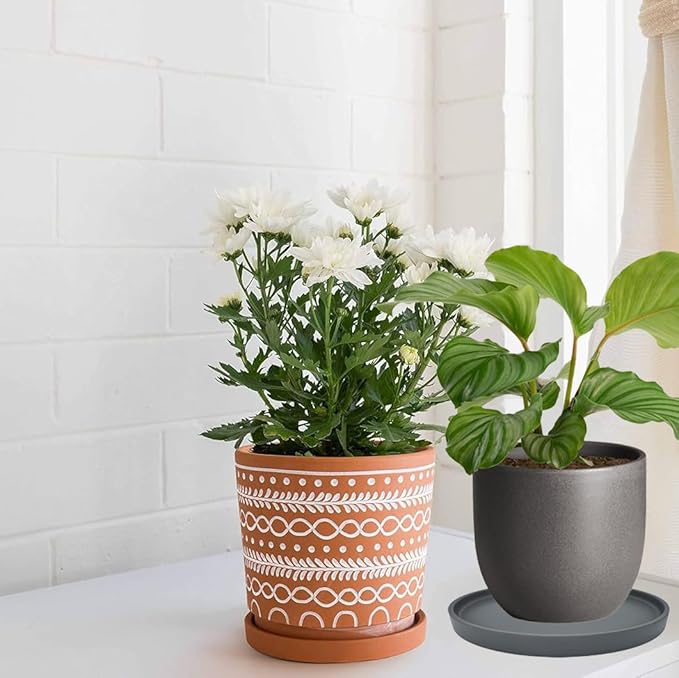 4 Pack Ceramic Plant Saucer Pot Tray 4 Inch, Planter Saucers 4 5 6 7 8 9 10 11 12 13 Inch for Indoors Outdoor, Durable Sturdy Flower Drainage drip Water Tray for Glazed Pots Base ((4.5"/4.1"-Grey)