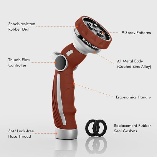 RESTMO Hose Nozzle Heavy Duty, Metal Water Hose Sprayer for Garden, 9 Spray Patterns | High Pressure | Thumb Flow Control | On/Off Valve, Ideal for Lawn & Plant Watering, Car & Pet Washing, Red