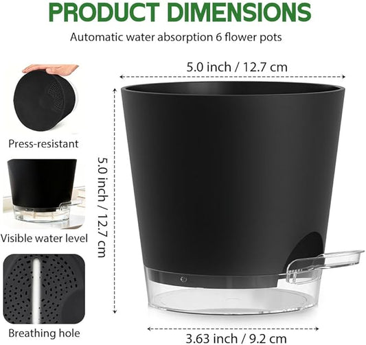 Self Watering Pots for Plants, 2026 New Flower Plant Pots with Drainage Holes, Wicking and Clear Reservoirs for Succulent, Aloe, Cacti and Others - 6 Pack (Black, 5")