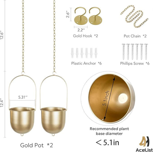 Boho Hanging Planter, Set of 2 Gold Metal Plant Hanger with Hooks and Chains, Modern Wall & Ceiling Planters Outdoor/Indoor Hanging Planter for Window, Porch, Balcony and Home Décor