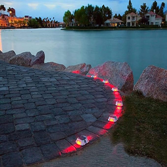 JIGUOOR Solar Deck Lights LED Driveway Lights Solar Powered Dock Light Outdoor IP68 Waterproof Road Markers for Step Sidewalk Stair Boat Garden Ground Pathway Yard (Red, 6 Pack)